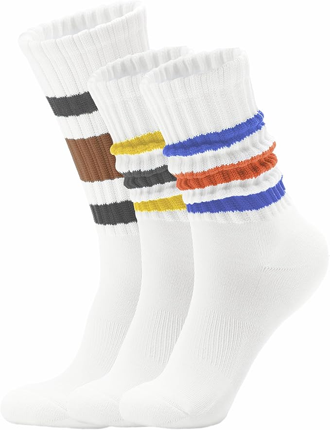 Acomono Retro Striped Slouchy Crew Socks for Men & Women 3 Pairs Cotton Athletic Tube Cushioned Calf Tennis Socks Size 5–11
