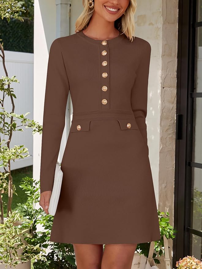 NENONA Women's 2026 Long Sleeve Fall Winter Sweater Dress Spring Fashion Button Elegant Business Casual Work Mini Dresses