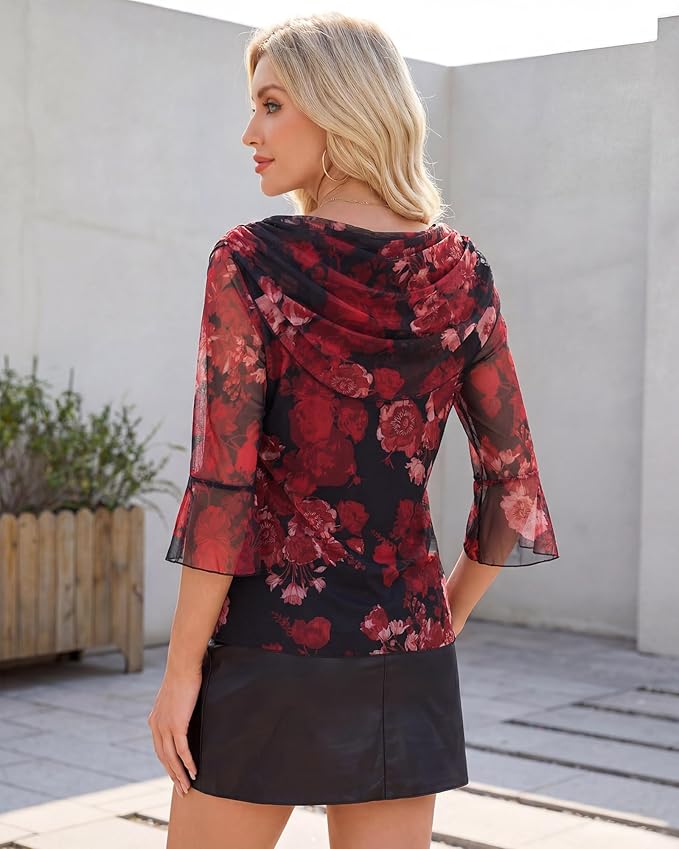Lotusmile Blouses for Women Dressy Casual 3/4 Sleeve Cowl Neck Sparkly Tops Cocktail Shirts for Evening Party