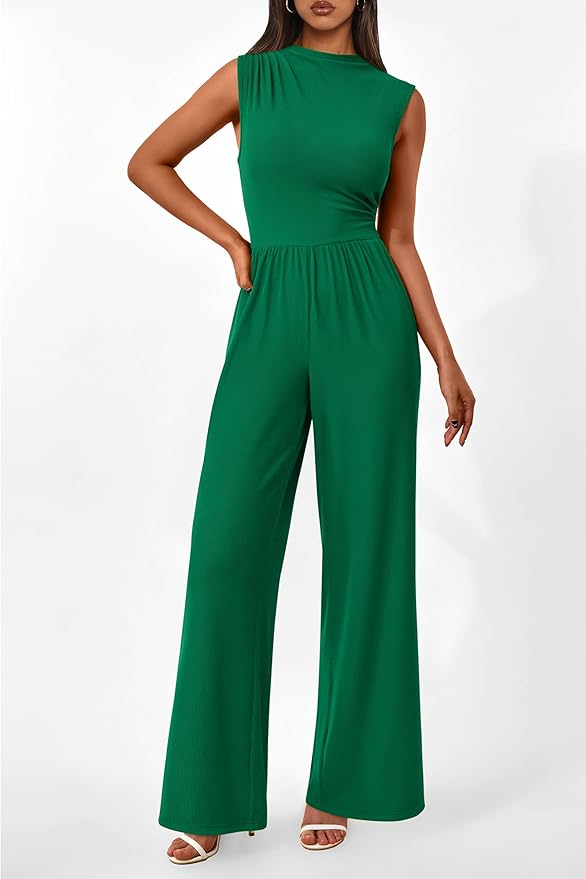 PRETTYGARDEN Womens Summer Jumpsuits Dressy Casual One Piece Outfits Sleeveless Mock Neck Wide Leg Pants Rompers with Pockets