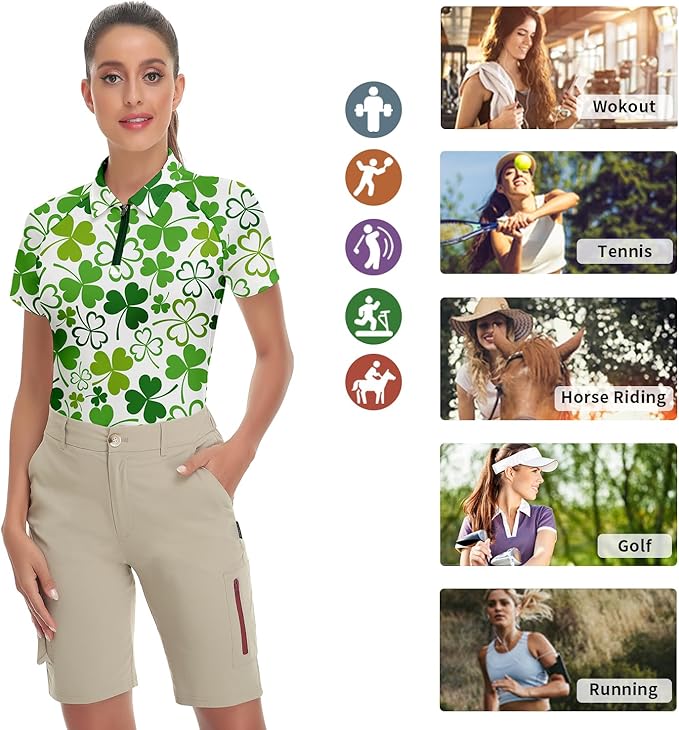 Women's Golf Shirt Short Sleeve Tennis Shirt Quarter Zip Golf Pullover Golf Polo Shirts Argyle Tops