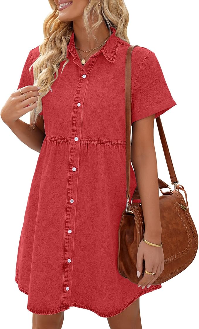 LookbookStore Women's Short Sleeve Button Down Flowy Tiered Babydoll Denim Dress