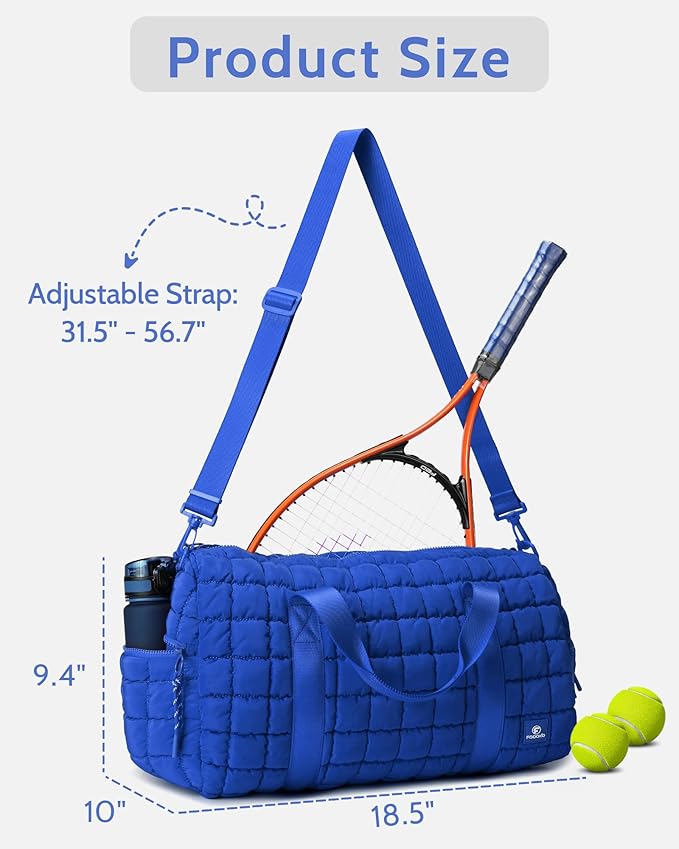 Quilted Duffel Travel Bag for Women, Puffer Gym Duffle Bag with Shoe Compartment Lightweight Large Crossbody Sport Bag Tote Blue