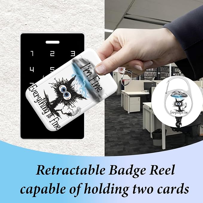 Lanyard for ID Badge Holder Badge Reel Everything is Fine Cat for Man Women Cute Nurse Teacher Name Tag Clip Retractable Keychain Heavy Duty Work Office Gifts Accessories
