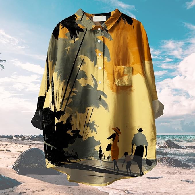 Womens Boho Tops 3/4 Long Sleeve Floral Blouses Hawaii Beach Button Down Shirts V Neck Pullover Casual Tunics