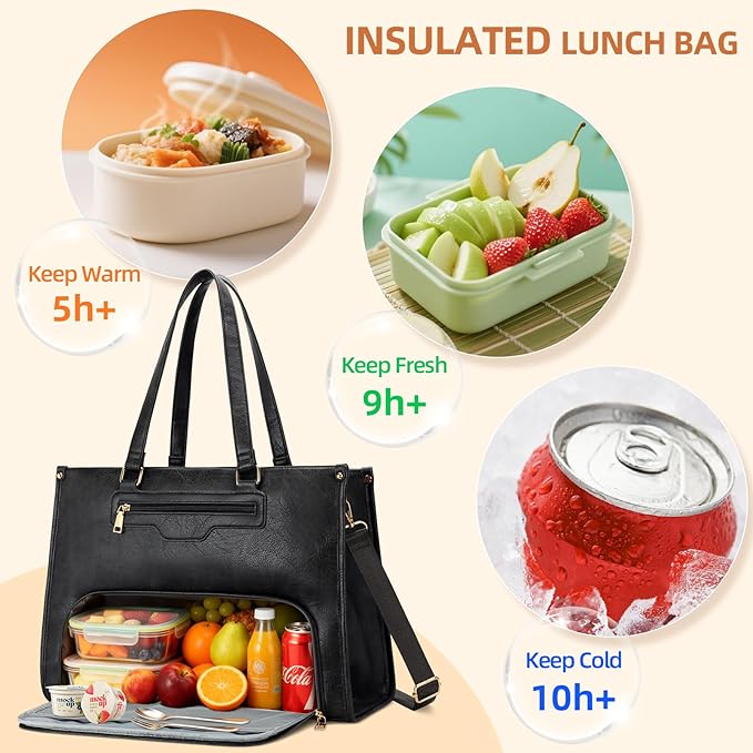 KKXIU Lunch Tote Bag for Women - 15.6" Ladies Work Tote, Laptop Purse with Insulated Lunch Compartment, Quilted Computer Handbag with Large Capacity for Work, Office, Nurse, Teacher (Black)