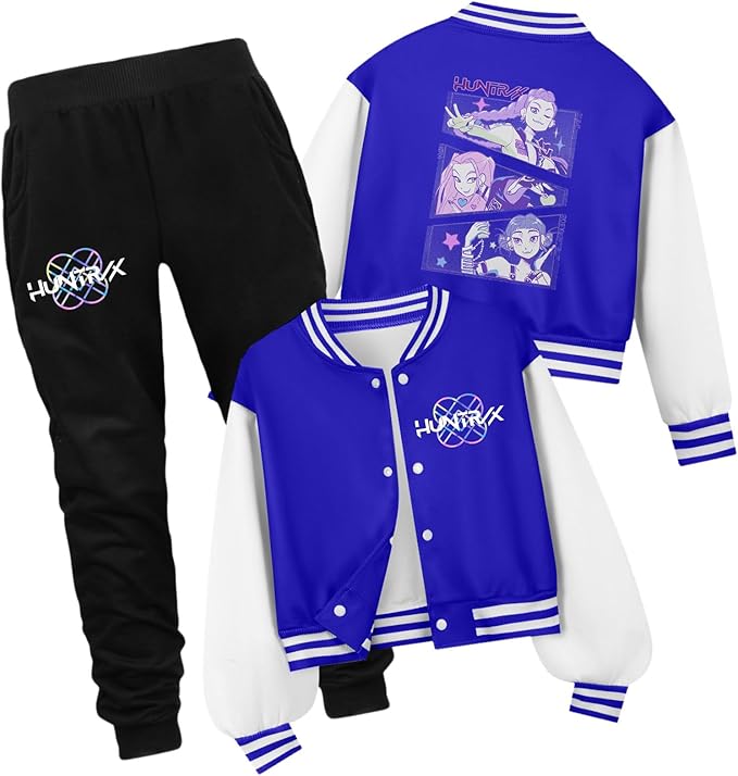 K PopGirls Kpop Tracksuit Cute Cartoon Print Baseball Coats Fashion Long Sleeve Jackets and Pants Christmas Costume Set