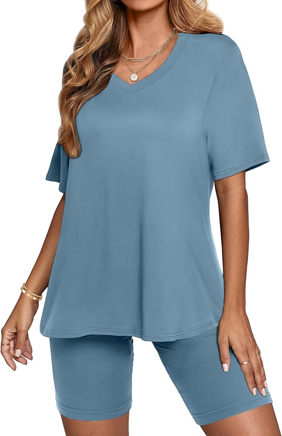 AGSEEM Two Piece Outfits For Women Summer V Neck T-Shirt Tops Biker Shorts Workout Sports Tracksuit
