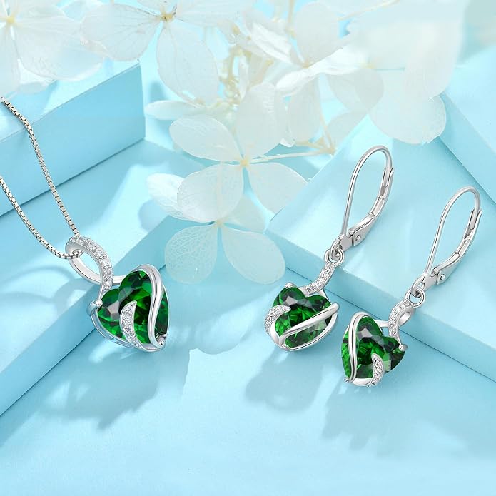 FJ Heart Jewelry Set for Women 925 Sterling Silver Emerald Necklace and Earrings Set May Birthstone Jewelry Gifts
