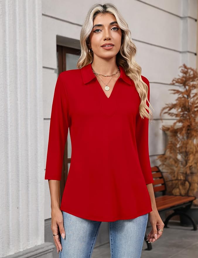 LOMON 3/4 Length Sleeve Womens Tops 2026 Spring Summer Collared Polo Shirts V Neck Casual Basic Polos Tees Shirt