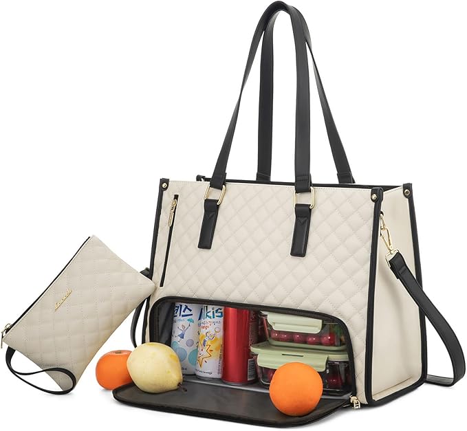 LOVEVOOK Lunch Tote Bag for Women, 17.3 Inch Laptop Bag with Insulated Lunch Compartment, Quilted Large Capacity Computer Handbag with Purse for Business, Work, Nurse, Office, Collage, Casual