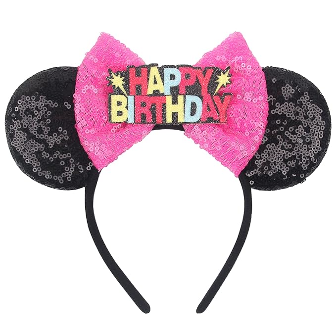bianbaistar Mouse Ears Headband for Women, Girls & Boys - Velvet Hair Bow Headwear with Sparkle Sequins & Big Ears - Black, Pink - Trip Essentials