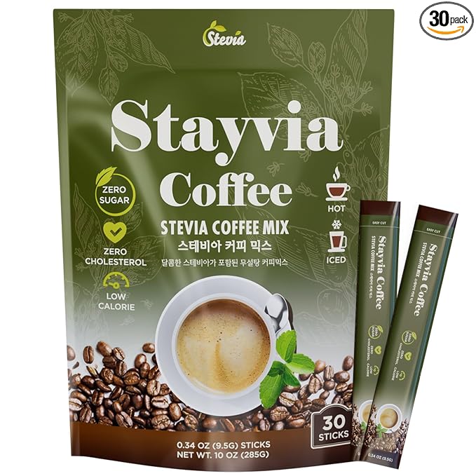 STAYVIA COFFEE Stevia Instant Coffee Packets - Korean Instant Latte with Sugar-Free & Low Calories - 30 Sticks (0.33oz) - Plant-Based Sweetener - Enjoy Caffeine Hot & Cold at Office, Home & Travel