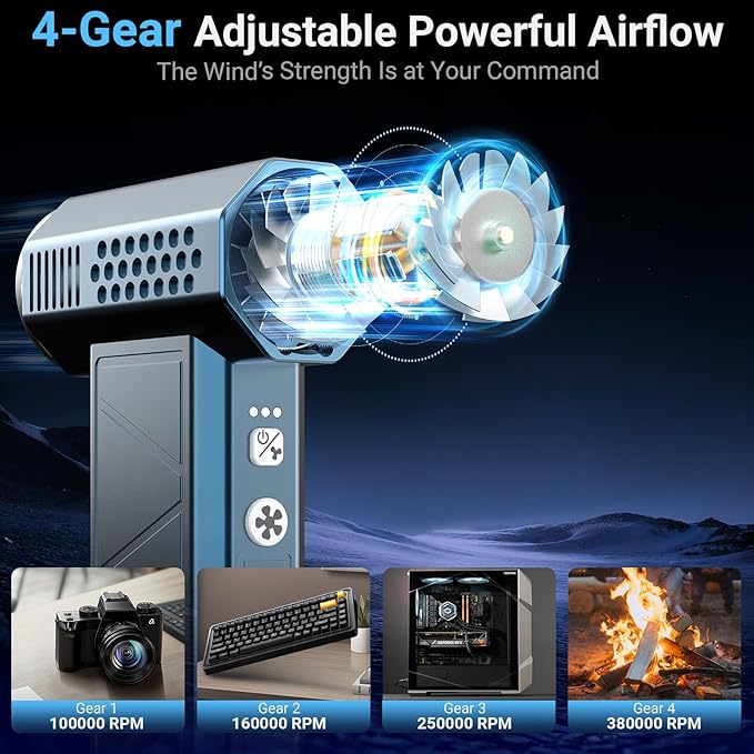 Compressed Air Duster, 380000RPM Powerful Electric Air Duster with LED Light, 4-Gear Rechargeable Mini Blower with Brushless Motor, Jet Dry Blower for Computer, Keyboard, Home, Car, Outdoor