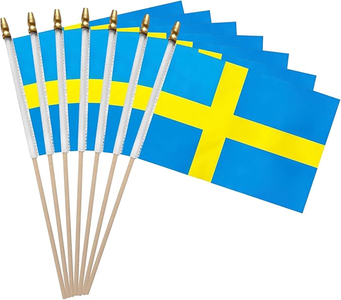 GSYLPFT 12 Pack Swedish Flags on Sticks Sweden Small Mini Hand Held Flags for Office Classroom Holiday Party Decorations