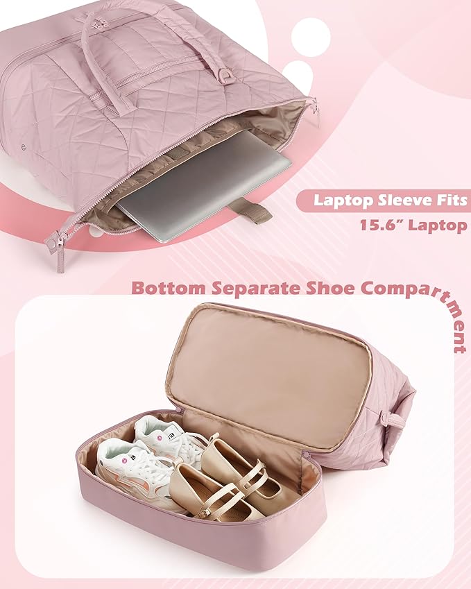 Quilted Duffle Bag with Shoe Compartment and Wet Pocket, Weekender Duffel Bag With Laptop Sleeve and a Separate Pouch for Travel, Gym, Hospital Labor Delivery, Pink