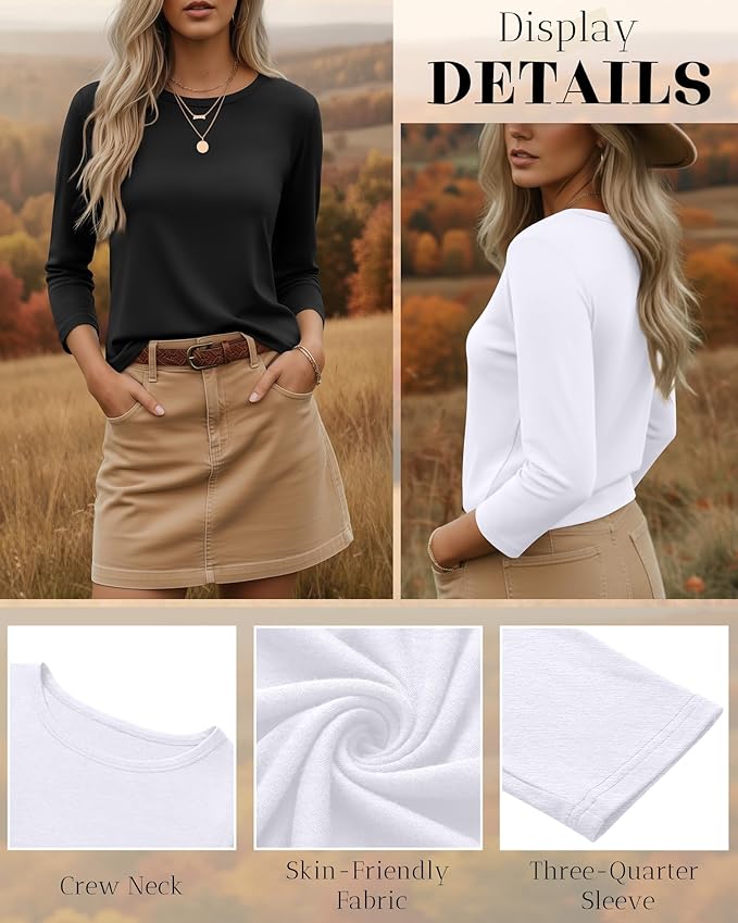 Ficerd 3 Pack 3/4 Sleeve Tops for Women Round Neck Dressy Basics Tees Casual Trendy Loose Fit T Shirts