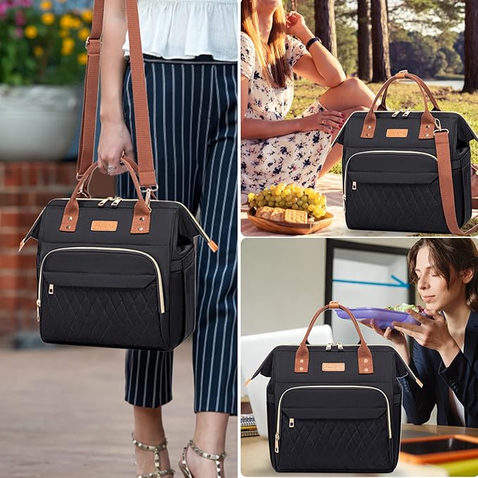 AIJIEKE Lunch Bag for Women, Leakproof & Insulated Work Lunch Box Tote, Reusable Adult Cooler Bag with Water Bottle Side Pocket & Removable Shoulder Strap, Black
