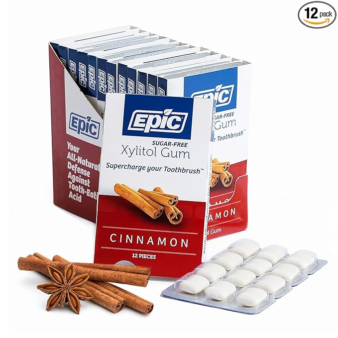 Epic 100% Xylitol Cinnamon Chewing Gum - Sugar Free, Aspartame Free Dental Gum - Supports Oral Health & Fresh Breath - 12 Pieces (Pack of 12)