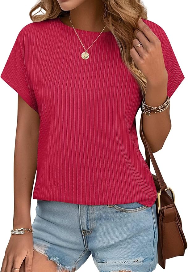 JUSTFASHIONNOW Womens Short Sleeve Blouses Business Casual Tops Crew Neck Basic Tees Textured Work Shirts Cute Office Outfits