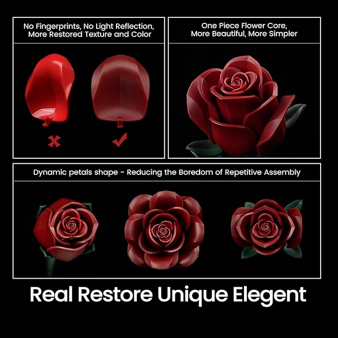 iATOM Burgundy Red Rose Bouquet Building Set, 12Pcs Flower Botanical Collection Kit for Adult, Valentine's Day Gift for Her/Girlfriend/Mom/Wife/Couple, Vintage Home Office Table Centerpiece Decor