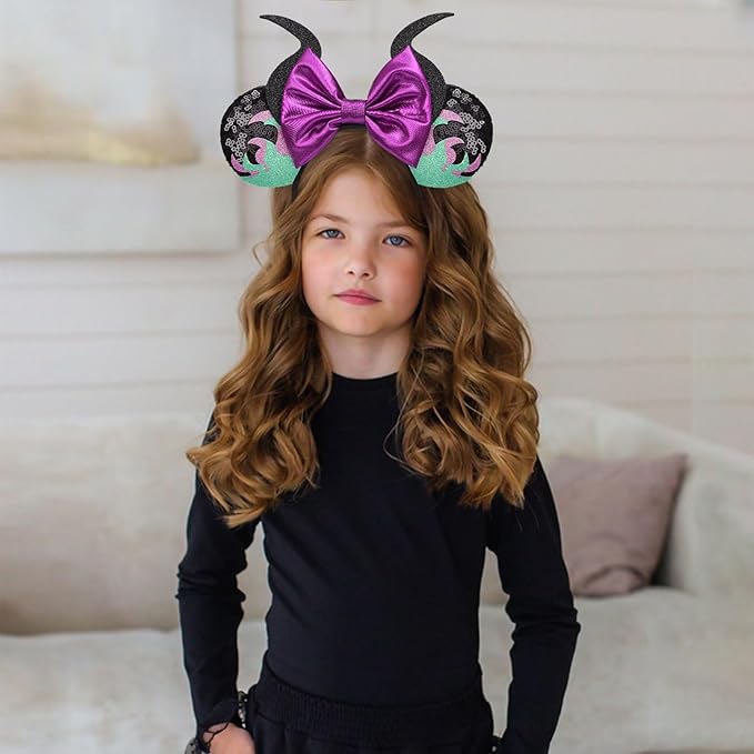 Seamoy Sequin Mouse Ears Headband,Halloween Mice Ears Hairband, Maleficent Horn Design, Costume Headwear, Purple, One Size Fits All(Maleficent Purple)