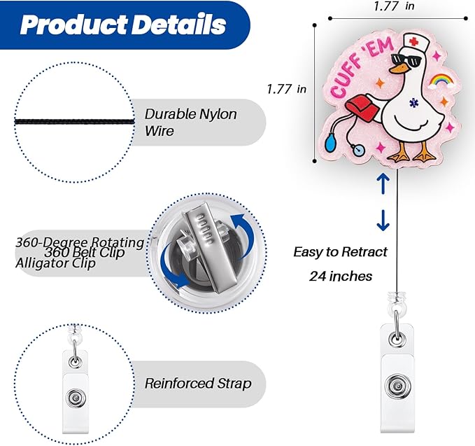 Pink Cuff 'Em Funny Goose Nurse Badge Reel, Cute Medical Retractable Badge Holder Clip, Name Tag Work Badge Buddy for RN LPN CNA MA Nursing Student Doctor Teacher, Nurse Gifts