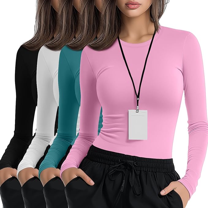 4 Pack Women's Underscrub Shirts Nurse Undershirts Long Sleeve Crewneck Slim Fit Tops Soft Stretchy Basic Tee