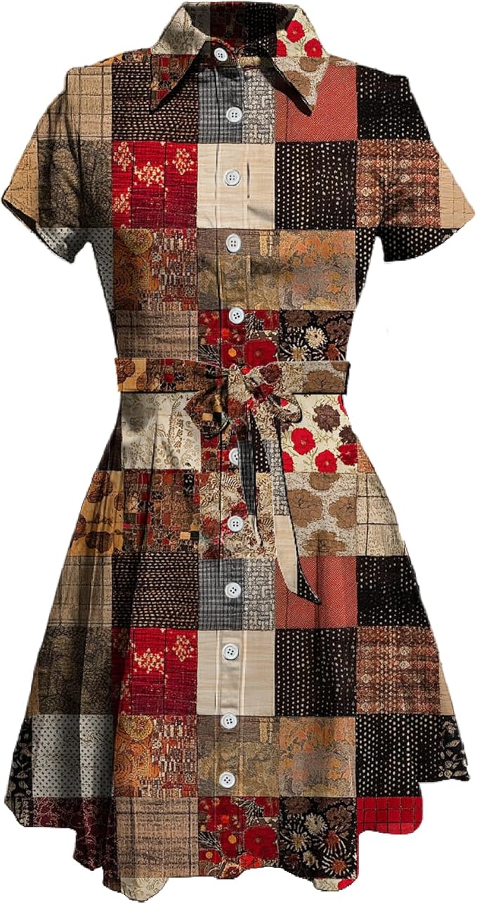 MARSVOVO Vintage Retro Shirt Dress for Women Short Sleeve Button Down Tie Waist Elegant Smocked Knee Length Dress