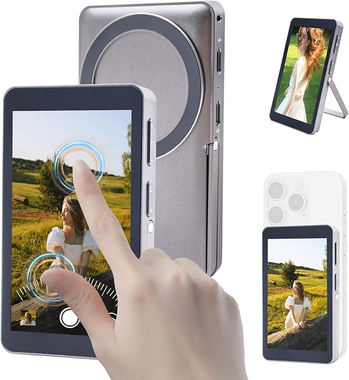 Touchscreen Phone Selfie Monitor Screen, 1080P Wireless Back Camera Selfie Monitor with Focus Adjustment, Audio Sync, Photo Button and Aluminum Stand for Vlog Live Stream TikTok (touch silver)