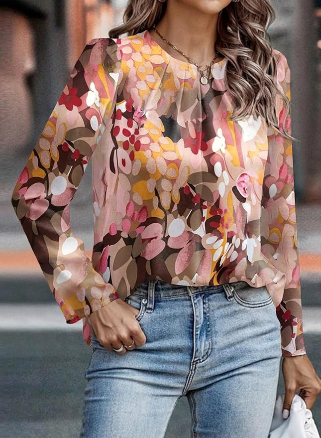 Samefar Womens Tops Dressy Casual Pleated Crew Neck Long Sleeve Shirts Office Work Chiffon Blouses