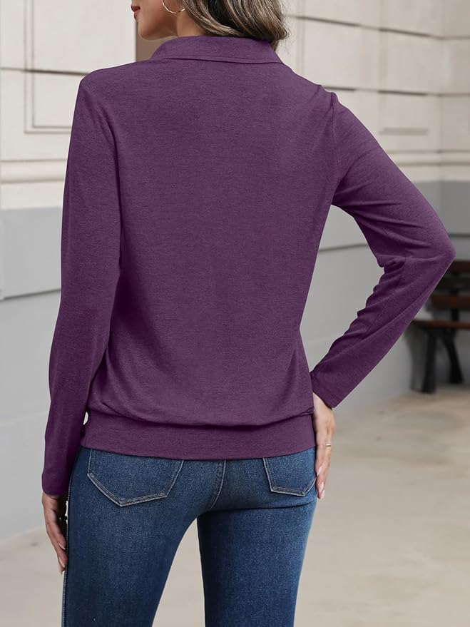 Womens Polo Shirts Long Sleeve Banded Bottom Tops Business Casual Tops Collared V Neck Blouses
