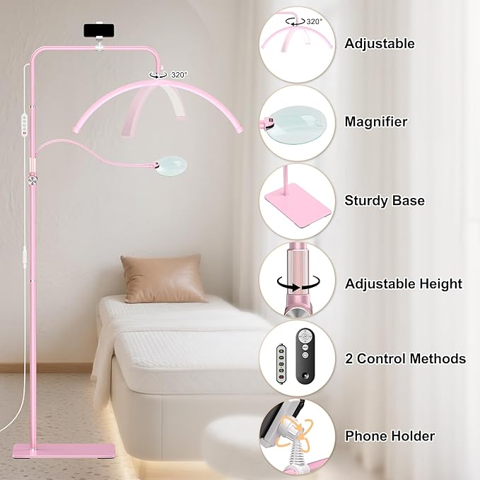 Half Moon Lash Light - Adjustable LED Floor Lash Lamp with 4X Magnifier & Phone Holder for Eyelash Extensions,Nail Art,Tattoo,Skincare,Salon SPA-Dimmable Brightness,Rotating Head, Pink