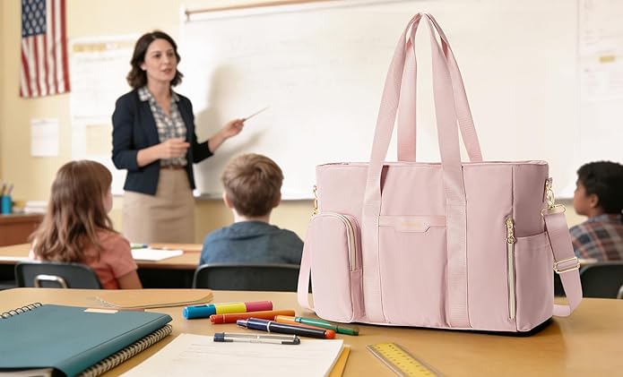 Teacher Tote Bag for Work with 10 Pockets, 15.6" Laptop Water-Resistant Bag with Crossbody Strap for Women, College