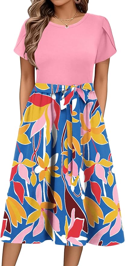Zeagoo Womens Midi Dress Summer Short Sleeve Dress with Pockets 2025 Casual Floral T-Shirt Dress Flowy Beach Sundress