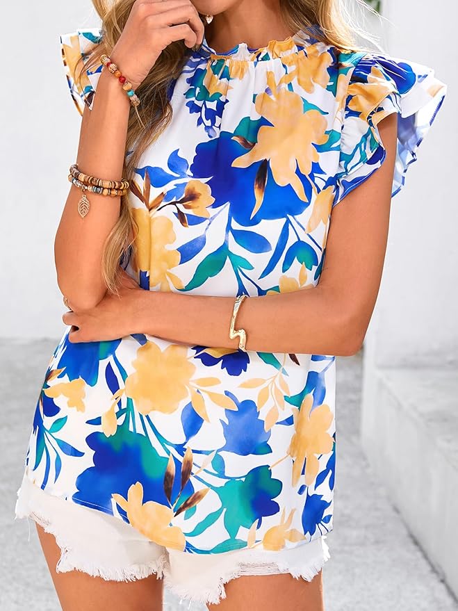 PRETTYGARDEN Women's Ruffle Short Sleeve Summer Tops 2026 Trendy Floral Trim Neck Casual Dressy Chiffon Boho Blouses Shirts