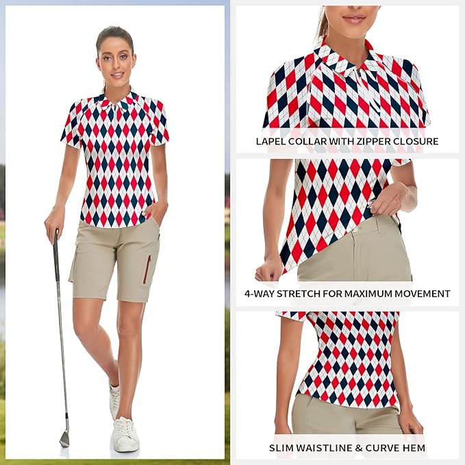 Women's Golf Shirt Short Sleeve Tennis Shirt Quarter Zip Golf Pullover Golf Polo Shirts Argyle Tops