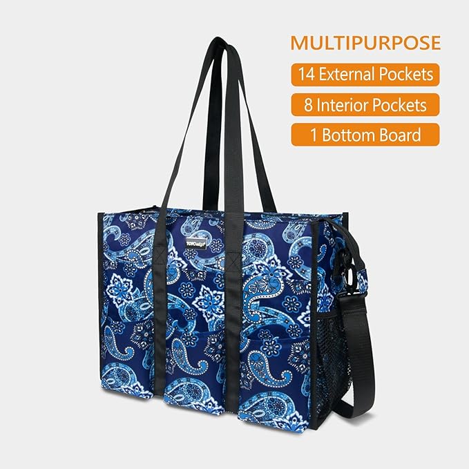 TOPDesign Utility Water Resistant Tote Bag with 22 Pockets, Top Zipper Closure & Thick Bottom Support, for Working Women