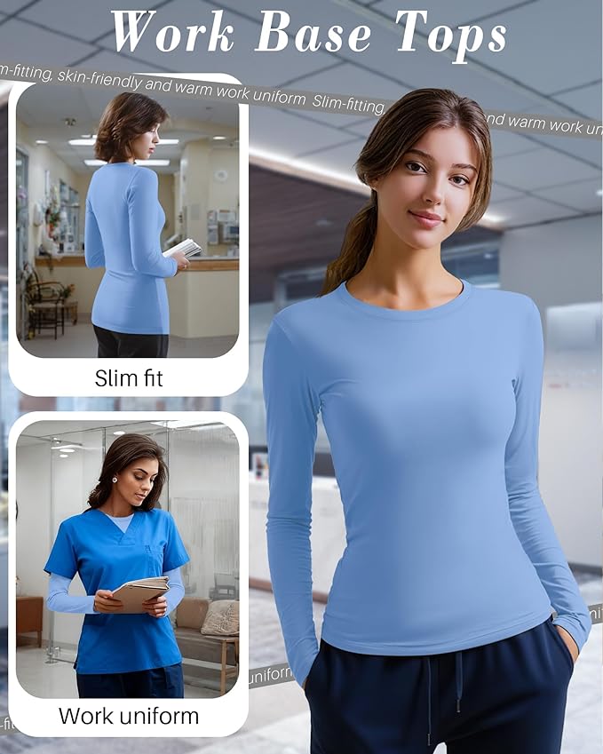 4 Pack Women's Underscrub Shirts Nurse Undershirts Long Sleeve Crewneck Slim Fit Tops Soft Stretchy Basic Tee