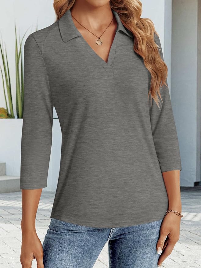 3/4 Length Sleeve Womens Tops Dressy Casual V Neck Polo Shirts Business Work Blouses 2025 Trendy Tunic Top
