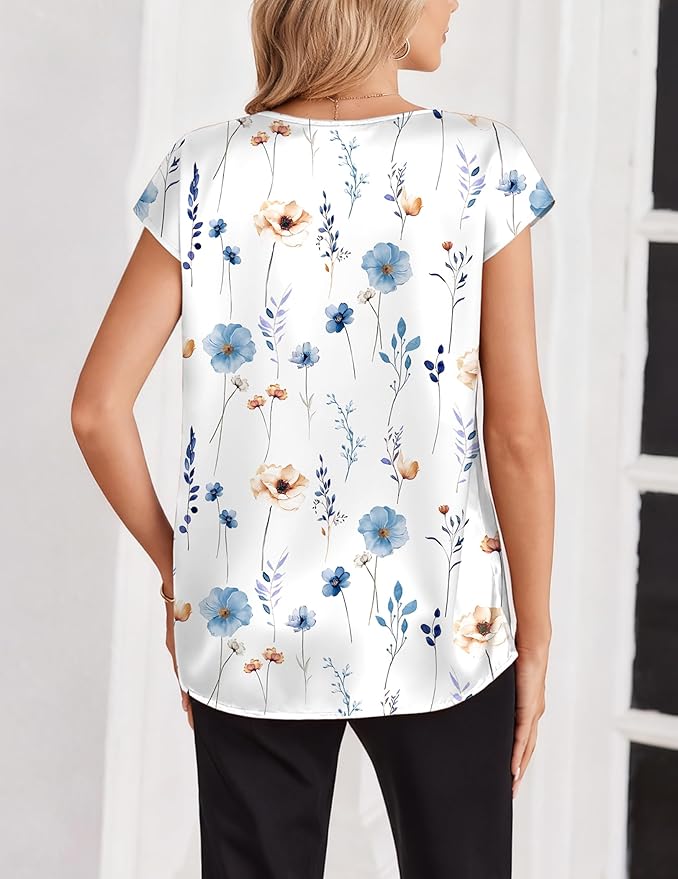 Zeagoo Women Silk Satin Tops Cap Short Sleeve Blouse V Neck Shirts Business Casual Outfits S-2XL