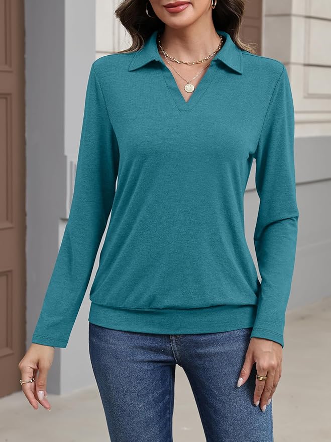 Womens Polo Shirts Long Sleeve Banded Bottom Tops Business Casual Tops Collared V Neck Blouses