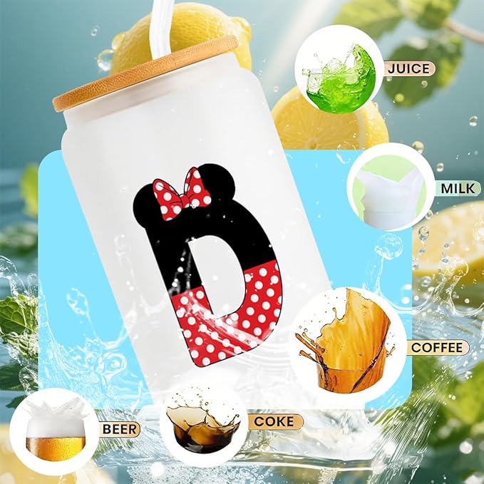 Cute Cartoon Mouse Lover Gifts Initial A-Z Personalized Iced Coffee Cup Magic Mouse Stuff Wizard Gift 16oz Glass Cup with Lid and Straws Birthday Christmas Gifts for Women Teen Girls (Letter D)