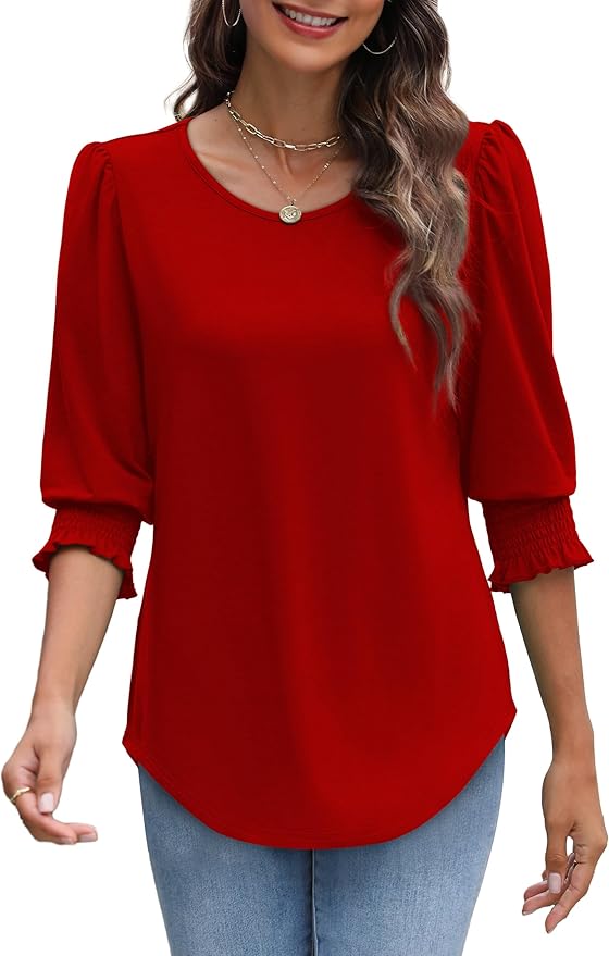 XIEERDUO Blouses for Women Dressy Casual 3/4 Length Sleeve Womens Tops with Smocked Cuffs