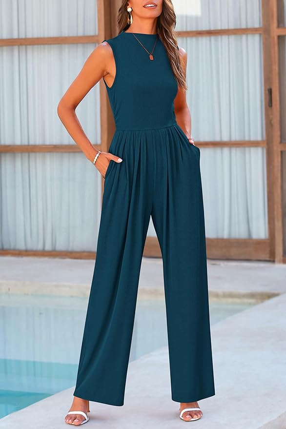 PRETTYGARDEN Womens Summer Jumpsuits Dressy Casual One Piece Outfits Sleeveless Mock Neck Wide Leg Pants Rompers with Pockets