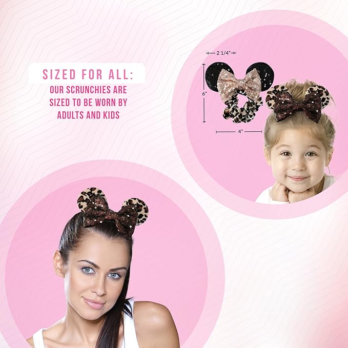 Styla Hair 2pk Mouse Ear Scrunchies for Kids Velvet Hair Bow Scrunchies for Women - Sparkle Sequins Mouse Hair Bands for Pony Tail Orejas de Minnie Mouse (Leopard)