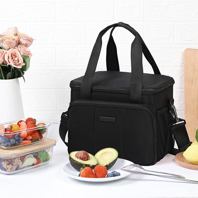 NISHEL Lunch Bag for Women, Insulated Leakproof Cooler Case with Detachable Shoulder Strap & Multiple Pocket, Easy-Clean PEVA Lining, Puffy Design for Work,Black