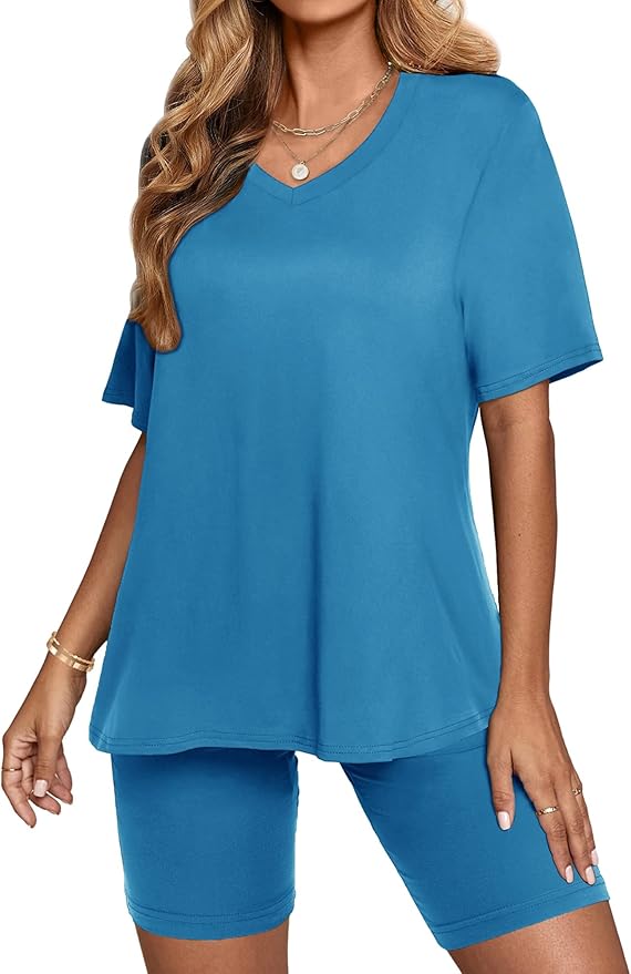 AGSEEM Two Piece Outfits For Women Summer V Neck T-Shirt Tops Biker Shorts Workout Sports Tracksuit