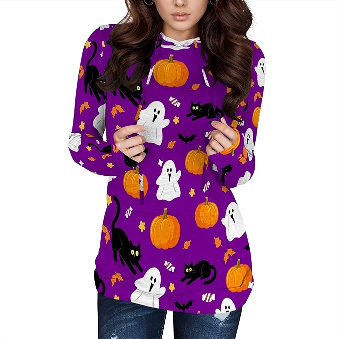 domirica Halloween Sweatshirts For Women Long Sleeve Spooky Graphic Sweatshirts Pumpkin Pullover Halloween Party Club Wear