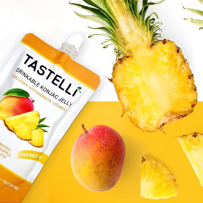 Tastelli Konjac Jelly Infused with Collagen & Vitamin C | Gluten Free, Sugar Free, Low Calorie | Vegan Drinkable Fruit Jelly Snack | Mango Pineapple | 150mL x 10 Pouches